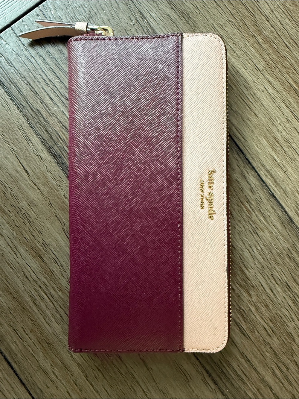 kate spade Two-Tone Saffiano Zip Wallet in Berry and Blush
